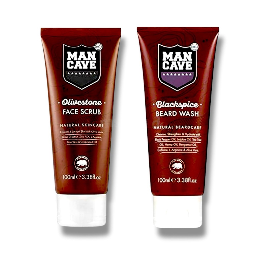 New ManCave Men’s Skincare Set – Olivestone Face Scrub & Blackspice Beard Wash